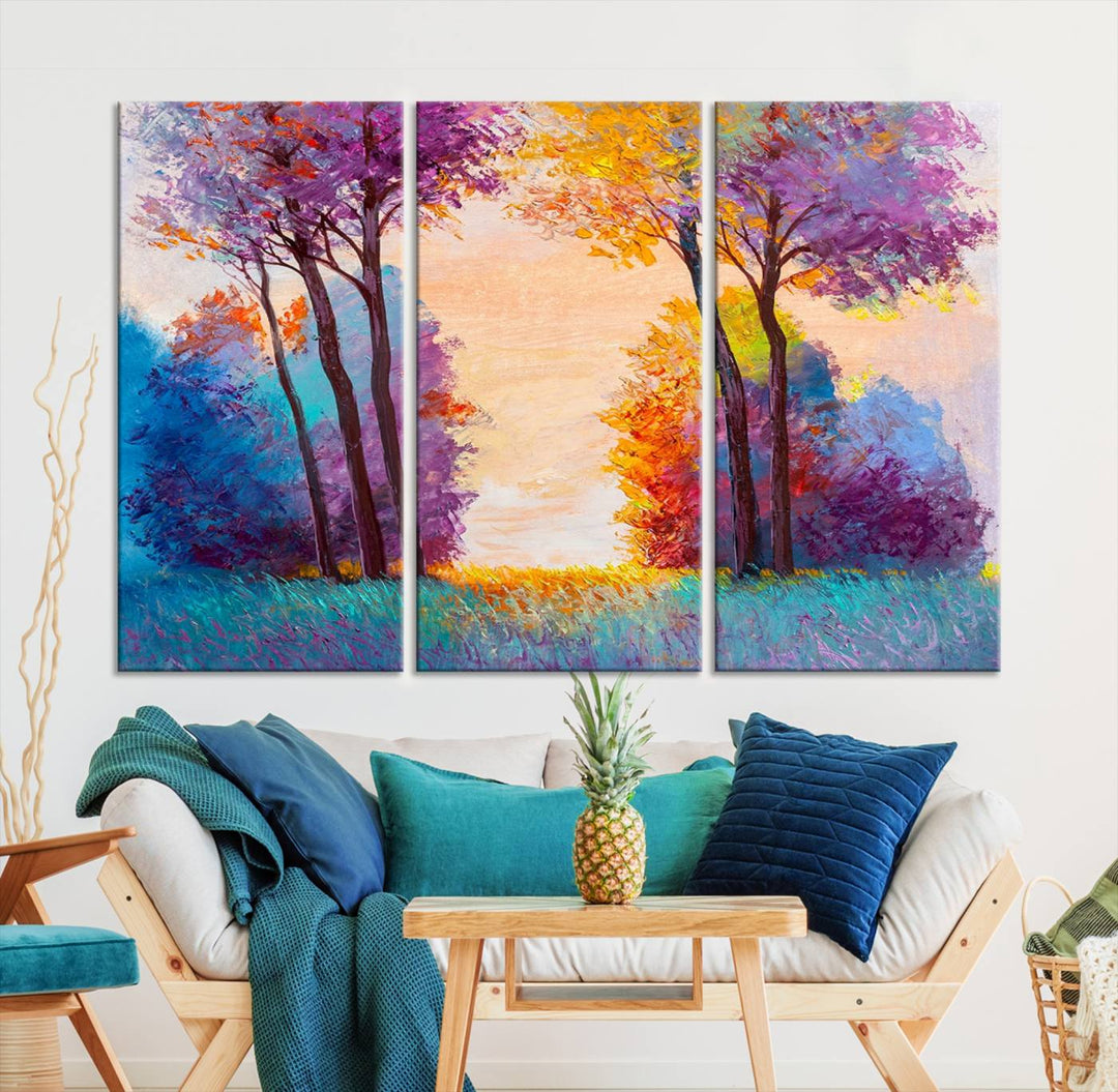 Oil Paint Effect Trees Wall Art Canvas Print features a UV-protective coating for lasting vibrancy.