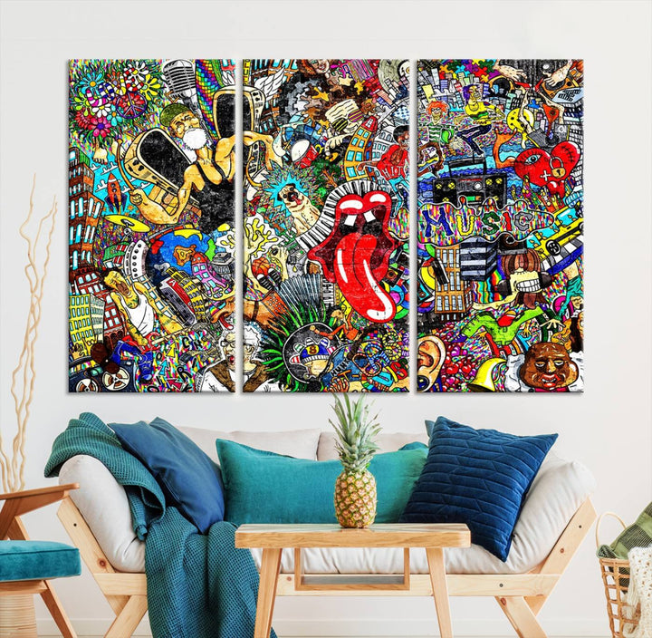 The Crazy Colors Music Vibes Wall Art Canvas Print showcases vibrant multi-panel abstract designs with colorful details on museum-quality canvas and is protected by a UV-coating.