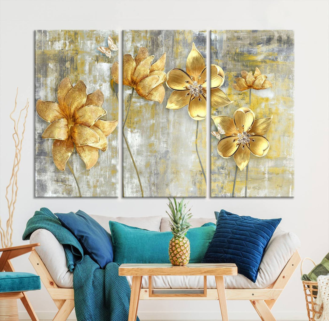 Golden Flowers Wall Art Canvas Print