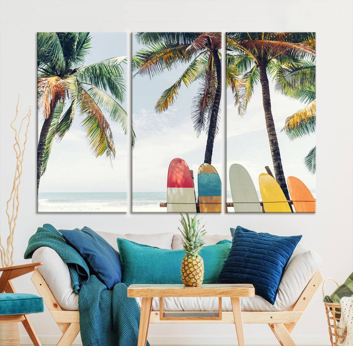 The room showcases The Palm and Surfing Board Wall Art Canvas Print, a triptych of palm trees and surfboards by the beach, elegantly gallery wrapped for a sophisticated finish.