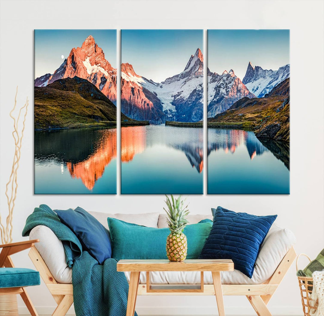 The living room features the Landscape Mountain and Lake View Wall Art Canvas Print. This triptych is expertly handmade in the USA on museum-quality canvas and includes a UV-protective coating to ensure lasting beauty.