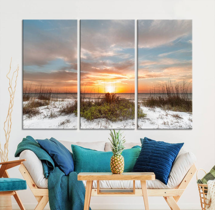 The Beach Ocean Sunset Sand Wall Art Canvas Print is expertly crafted on museum-quality canvases with a UV-protective coating.