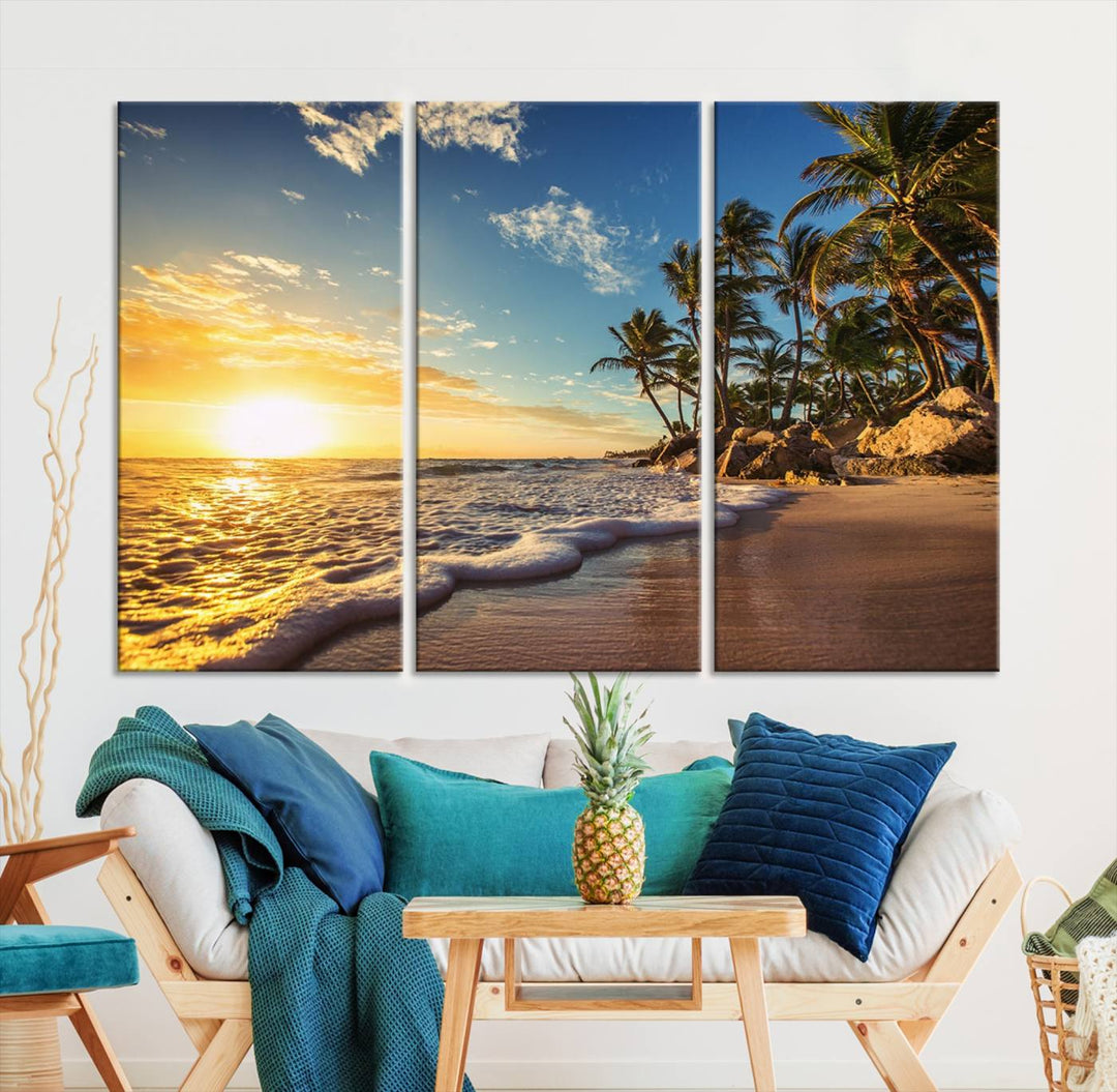 The wall features a Sunset Ocean View Beach Canvas Print, showcasing museum-quality craftsmanship by professional artisans.