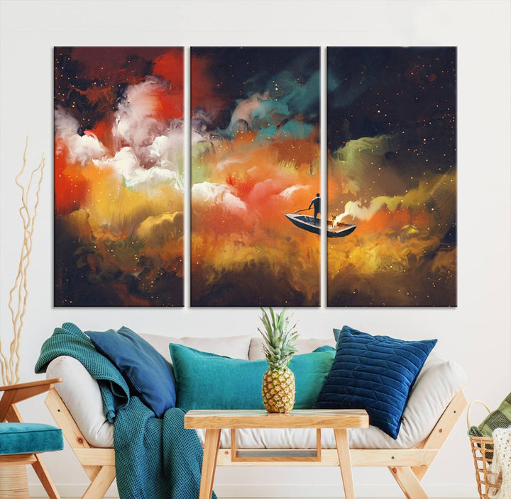 The "Surreal Space Adventure Canvas Wall Art" is a dreamlike abstract galaxy print with an astronaut among clouds, inviting you on a space adventure. This stunning piece comes framed and ready to hang, making it perfect for enhancing living room or bedroom decor.