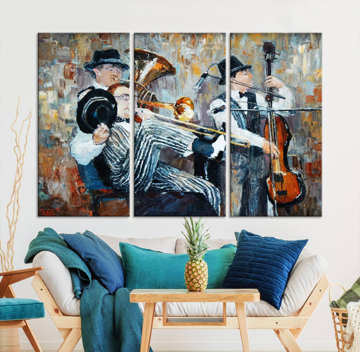 The Good Old Days Musicians Wall Art Canvas Print graces the wall, merging art with elegance. This museum-quality canvas comes with a UV-protective coating and is ready to hang.