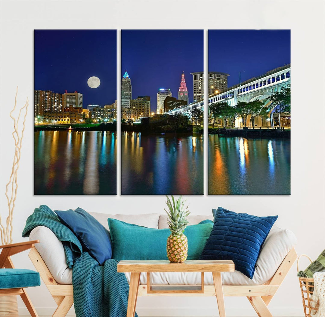 Cleveland City Lights Night Skyline, a stunning triptych wall art cityscape canvas print with museum-quality UV-protective coating, is beautifully showcased.