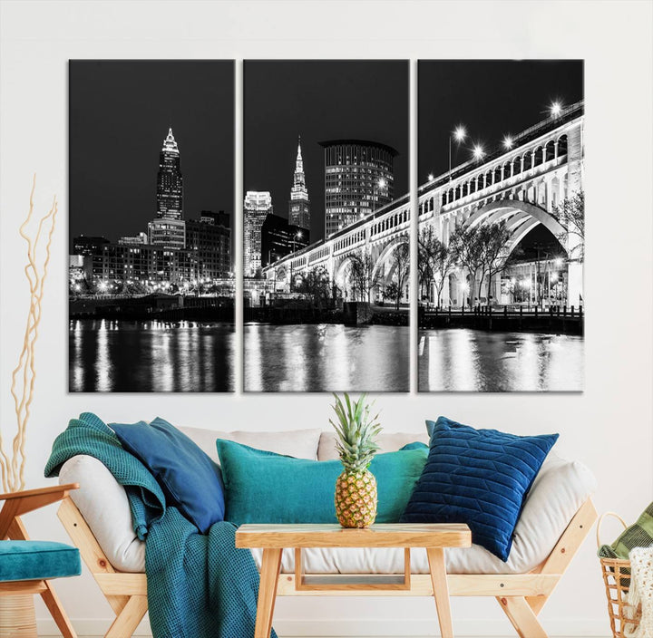 Enhance your space with the Cleveland Night Skyline Wall Art City Cityscape Canvas Print, a museum-quality black and white triptych. This ready-to-hang masterpiece is designed to elevate any room's aesthetic.