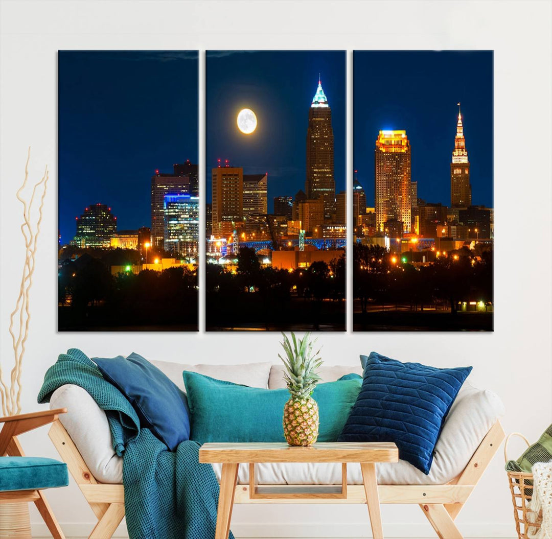 The "Cleveland Night Skyline Wall Art City Cityscape Canvas Print" adds elegance to the room with its depiction of a city skyline and full moon on museum-quality canvas. The artwork is enhanced by a UV-protective coating to ensure lasting brilliance.