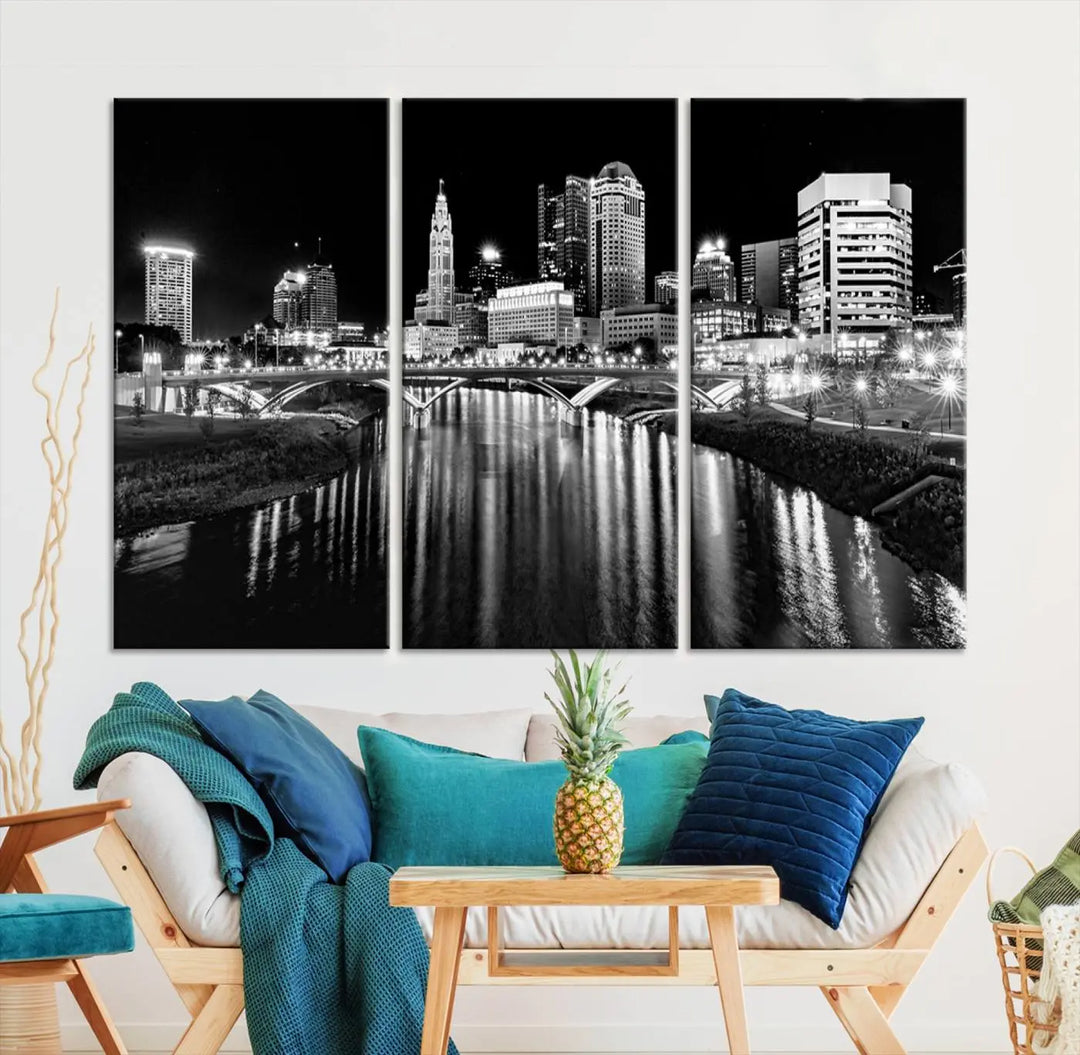 The living room showcases the Columbus City Lights Skyline Black and White Wall Art Cityscape Canvas Print.