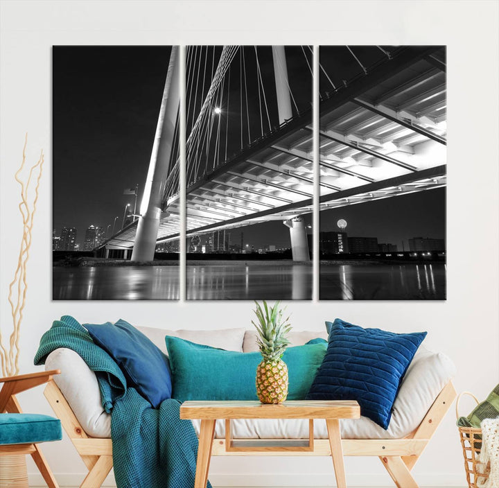 The modern living room features the museum-quality "Dallas City Bridge Lights Skyline Black and White Wall Art Cityscape Canvas Print," elegantly displayed on gallery-wrapped canvas.