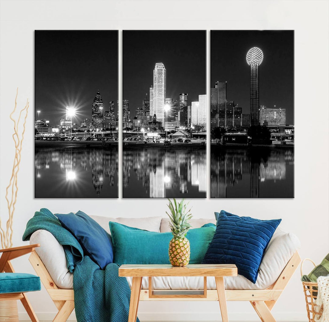 The living room showcases the Dallas City Lights Skyline Black and White Wall Art Cityscape Canvas Print. This museum-quality artwork is ready to hang and features a UV-protective coating to maintain its vibrant colors.