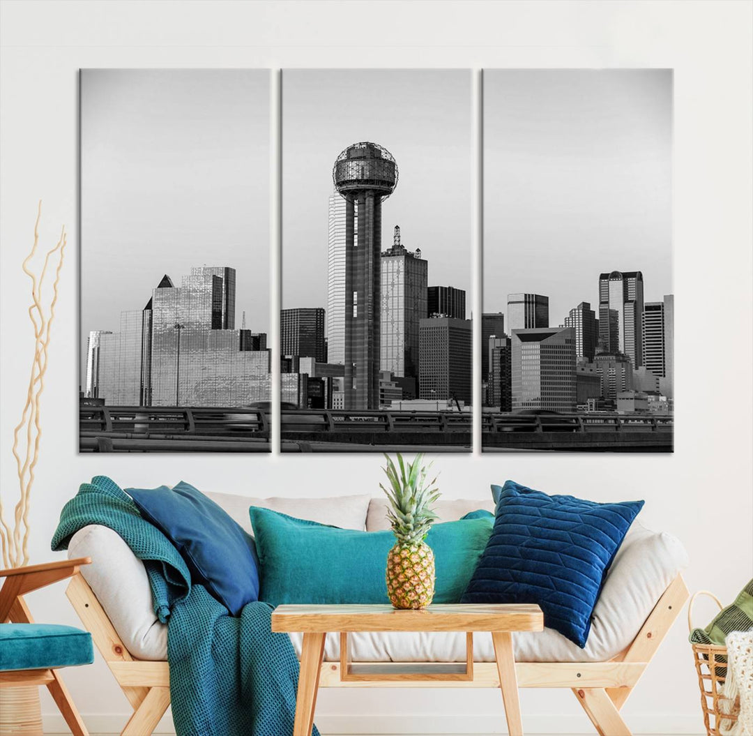 The Dallas City Lights Skyline Black and White Wall Art is elegantly displayed on museum-quality canvas.