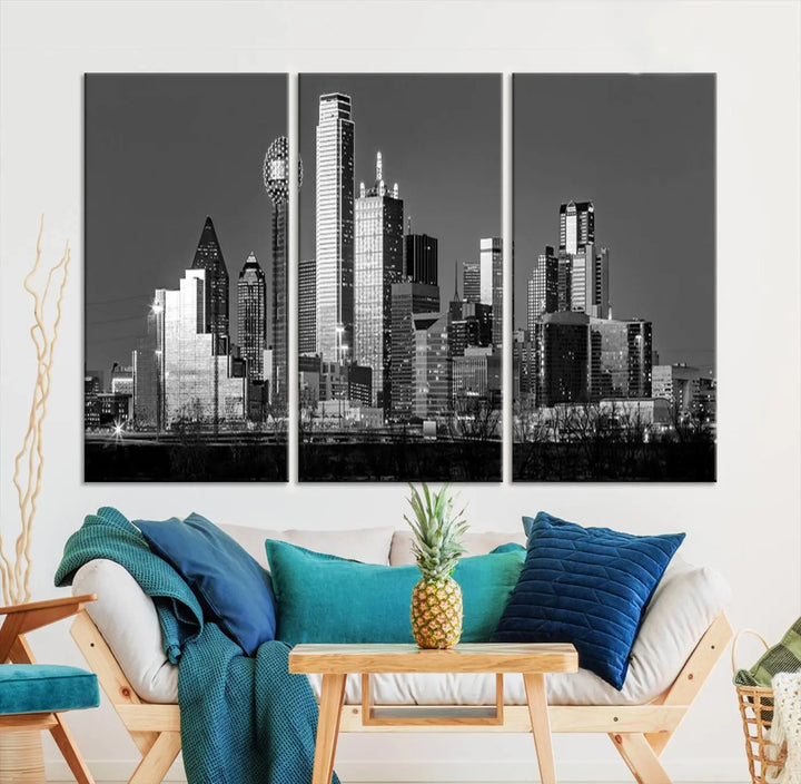 A black and white triptych of the Dallas city skyline is displayed, crafted on museum-quality canvas. This wall art piece is ready to hang, with each component adorned with a UV-protective coating to maintain its captivating appeal.