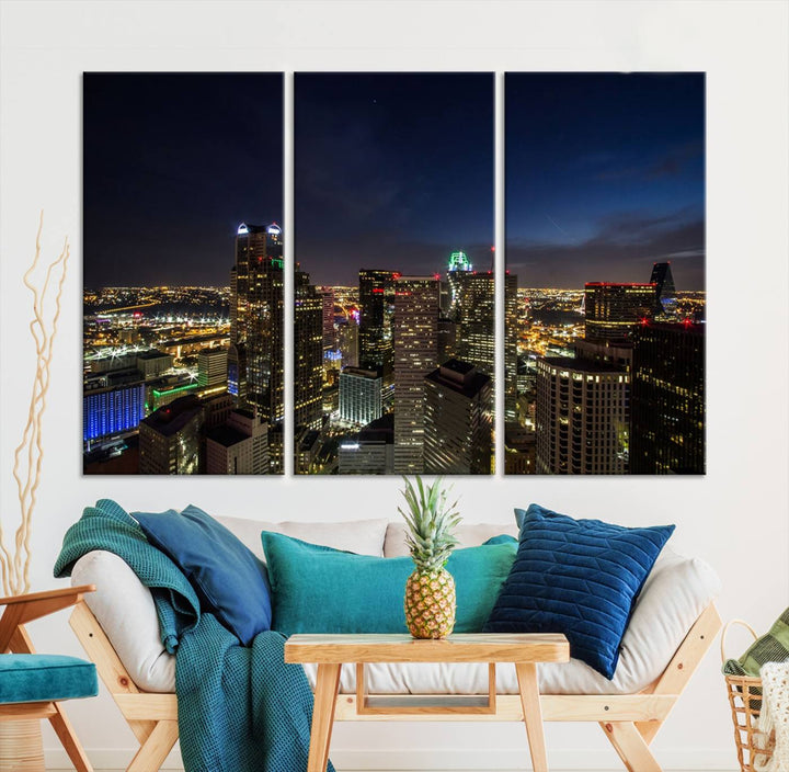 A living room showcasing a Dallas City Lights Night Skyline Cityscape View Wall Art Canvas Print, a three-panel artwork on museum-quality canvas with vibrant colors and durability.