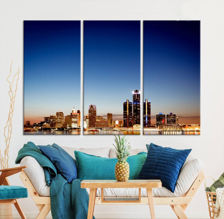 The Detroit City Lights Sunrise Skyline Cityscape View Wall Art Canvas Print adorns the modern living room. Crafted on museum-quality canvas with a UV-protective coating, this piece is ready to hang and elegantly elevates your décor.