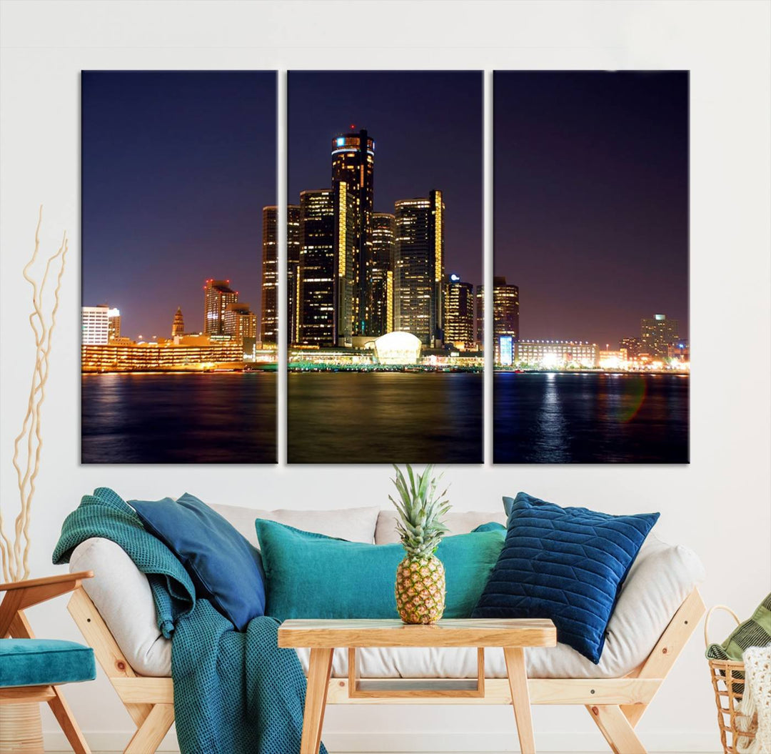 The Detroit City Lights Night Skyline Cityscape View Wall Art Canvas Print, elegantly split into three panels, is made from museum-quality pollycotton and gallery wrapped for a sophisticated touch. It is available with free shipping to effortlessly elevate your space.