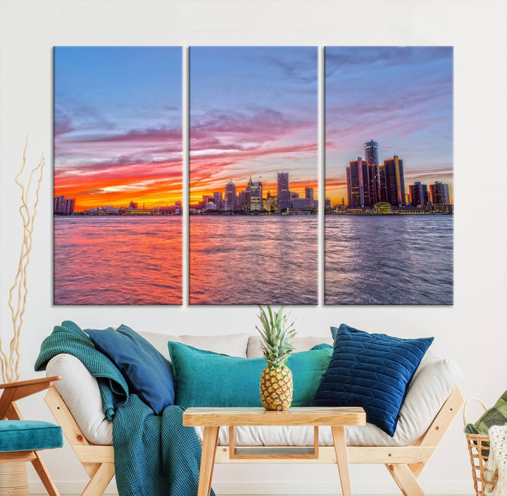 The Detroit City Lights Sunset Colorful Cloudy Skyline Cityscape View Wall Art Canvas Print showcases a vibrant city skyline at sunset over water. The artwork is museum-quality, comes ready to hang, and features a UV-protective coating to preserve its vivid colors.