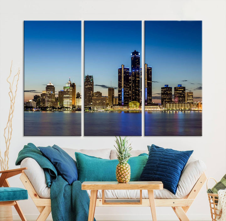 The "Detroit City Lights Sunrise Skyline Cityscape View Wall Art Canvas Print" on the wall is a triptych gallery-wrapped on museum-quality canvas, adding an elegant touch to the space.