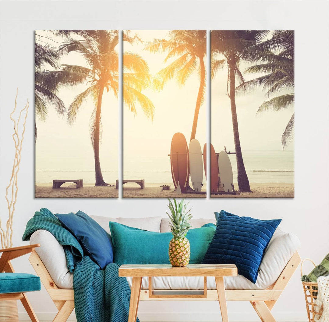 Surfboard and Palm Tree on Beach Double Exposure with Colorful Bokeh Sunset Light Wall Art Canvas