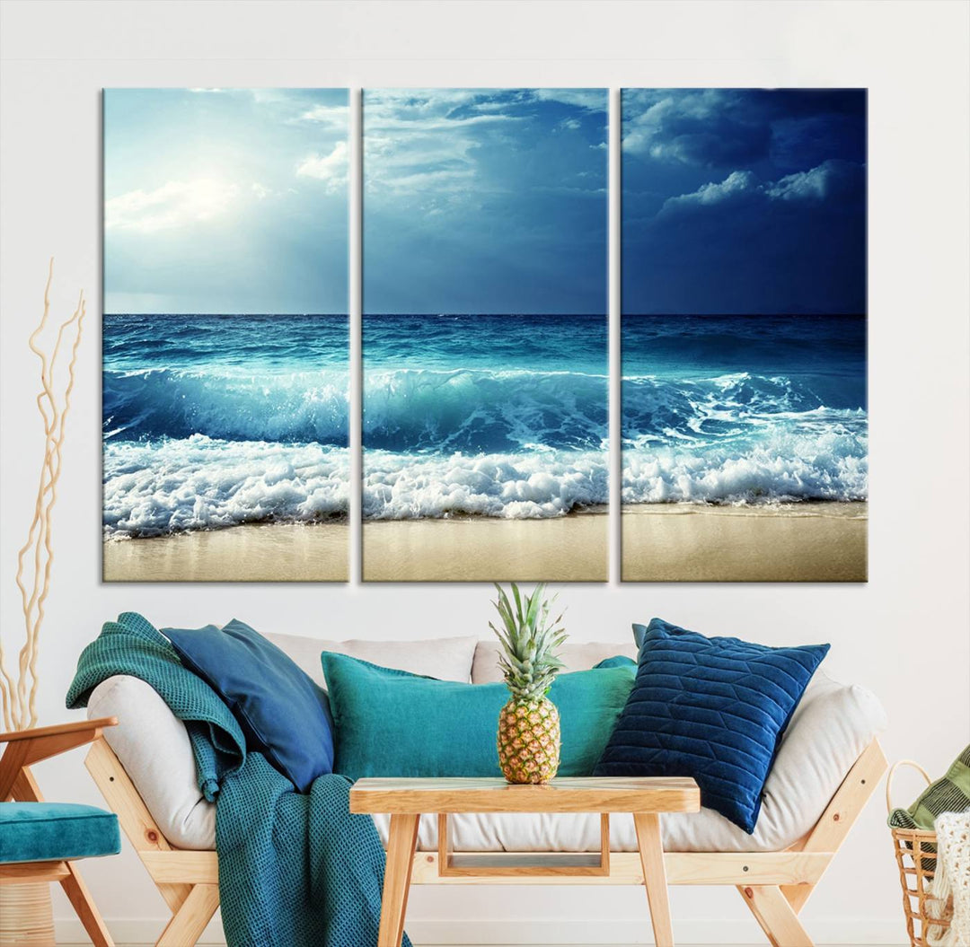 Impresiones en lienzo de playa, paisaje marino, foto náutica, lienzo costero, lienzo de olas de mar, arte de pared extragrande, decoración de pared de playa