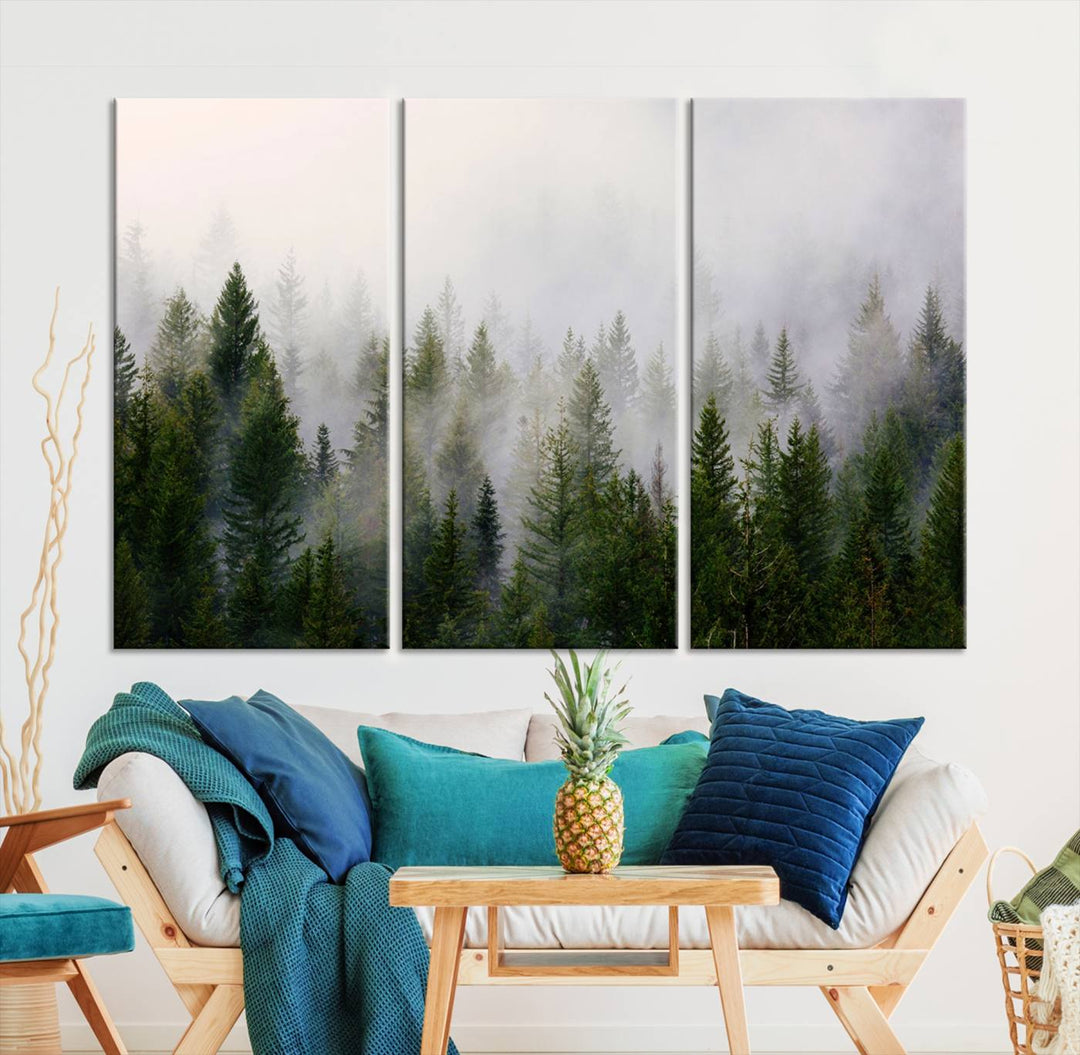 A 3-panel Misty Pine Forest Wall Art Canvas Print, featuring a green woodland scene, adorns the wall.