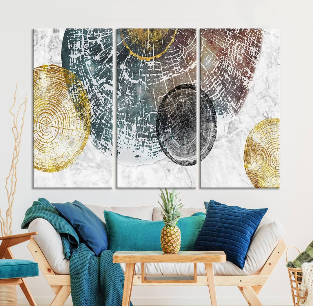 Contemporary living room showcasing the "Wood Lines" 3 Panel Abstract Wall Art Canvas Print displaying museum-quality tree ring art on the wall.