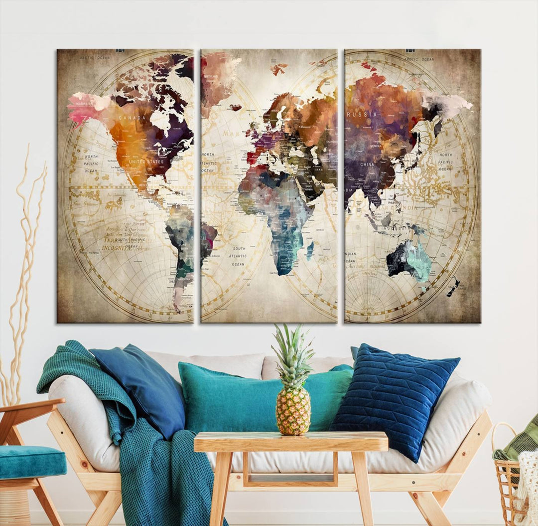 A World Map Wall Art Canvas Print featuring vibrant colors is crafted on museum-quality canvas, adding a touch of elegance to the room.