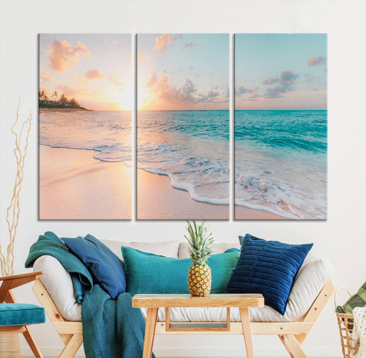 Beach Sunrise Wall Art, Coastal Seascape Canvas Print, Ocean Wave Multi-Panel Giclee, Coastal Sunset Beach Scene for Modern Decor