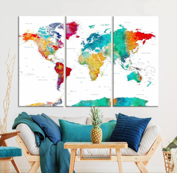 A stunning Colorful World Map Triptych Canvas Print, featuring a ready-to-hang framed design, adds vibrancy and modern flair to the space, effortlessly elevating the entire home décor.