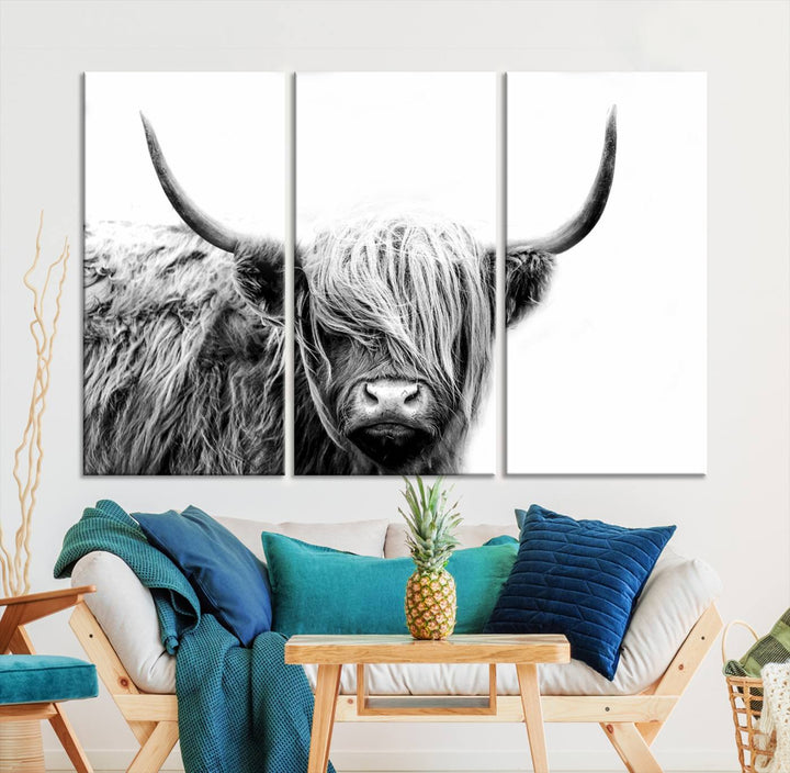 A museum-quality triptych titled "Black White Scottish Highland Cow Cattle Art Print Farmhouse Wall Art Canvas Print" embellishes the dark wall. The canvas is equipped with a UV-protective coating to ensure lasting vibrancy.