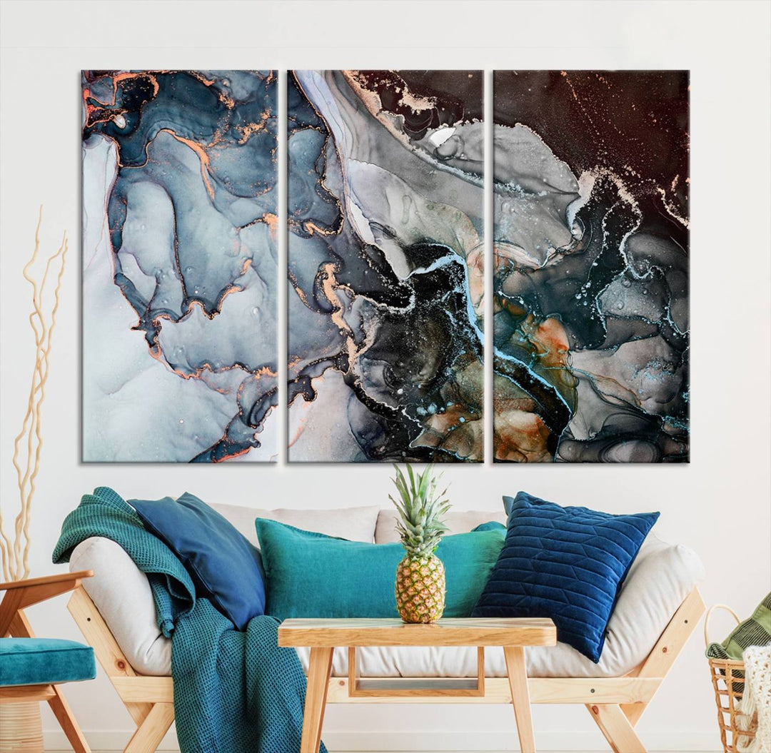 The Mix Color Large Abstract Marble Wall Art Canvas Print is printed on museum-quality canvas. It features a UV-protective coating and is ready to hang, adding elegance to the room.