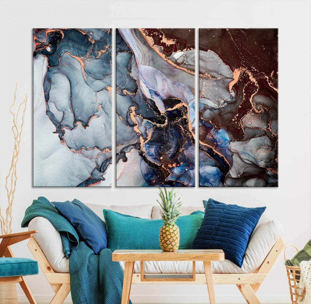 Brown Blue Abstract Marble Wall Art Canvas Print