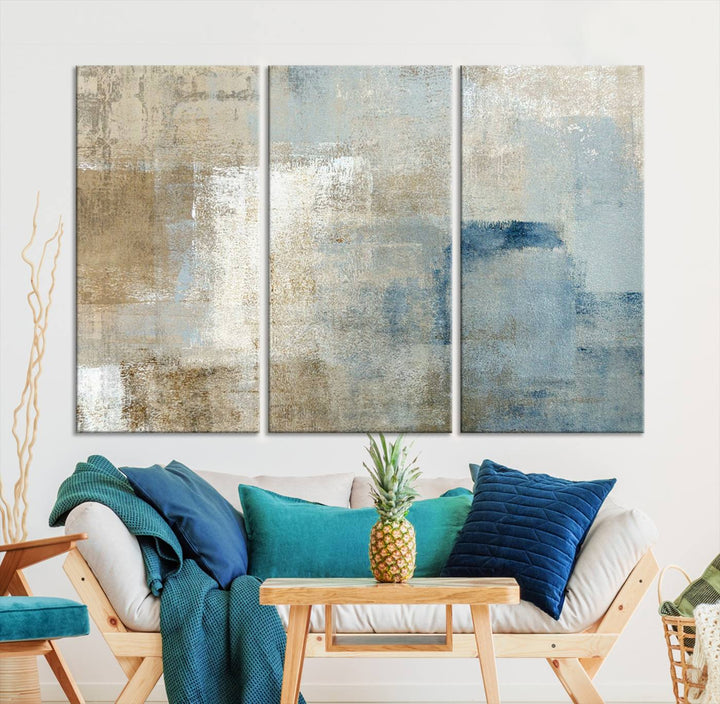 Abstract Blue and Beige Wall Art, Modern Minimalist Canvas Print Set, Giclee Textured Art, Large Multi-Panel Artwork for Living Room