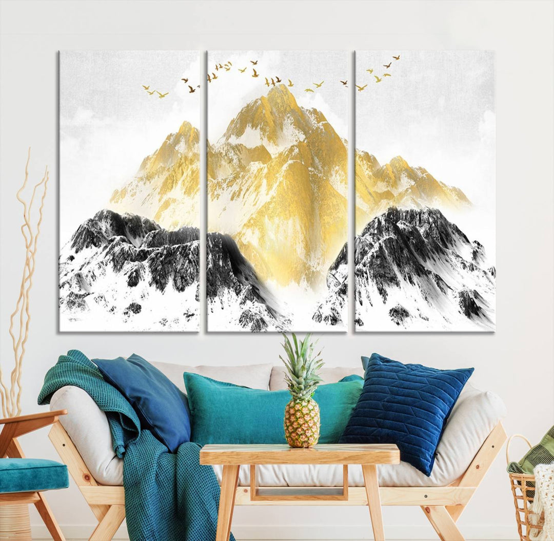 Golden Mountain Triptych Wall Art, Modern Giclee Canvas Print, Nature Landscape Decor for Living Room, Contemporary Gold and Black Wall Art