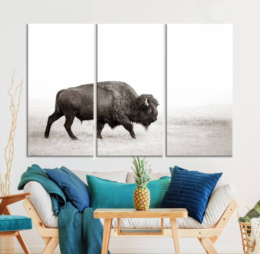 American Bison in Grasslands Triptych Canvas Wall Art – Western-Inspired Nature Decor for Home or Office