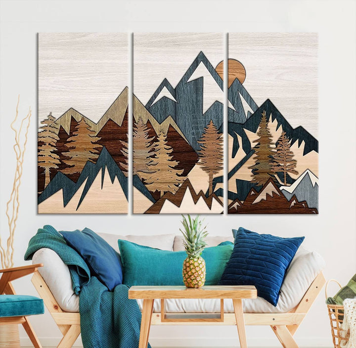 Woodland Mountain Landscape Triptych, Giclee Canvas Art for Modern Home, Rustic Wooden Nature Wall Art, Large Mountain and Tree Canvas for Living Room