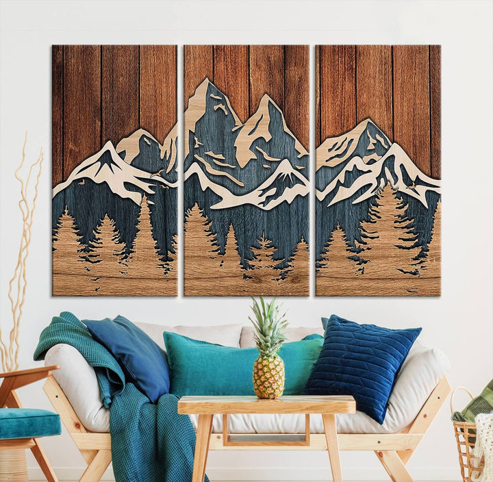 Impression sur toile d'art mural abstrait avec effet de panneau de bois, chaîne de montagnes