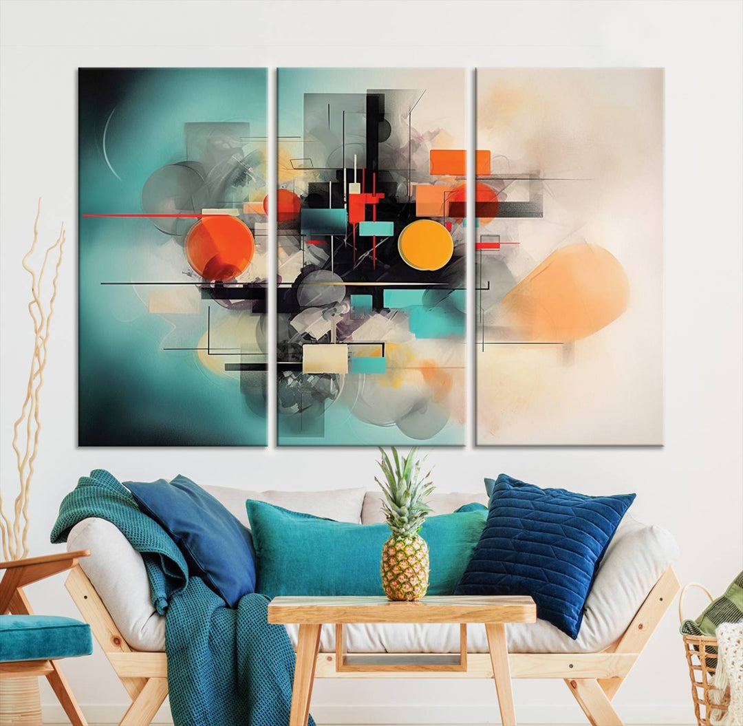 Modern living room featuring a Geometric Colorful Abstract Wall Art Canvas Print.