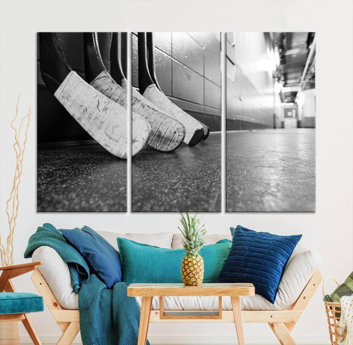 A living room featuring a large Ice Hockey Wall Art Canvas Print on gallery-wrapped canvas.