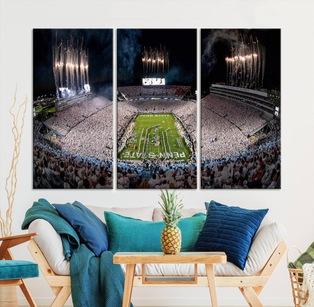 The Penn Stadium Football Wall Art Canvas Print showcases the lively ambiance of a bustling Pennsylvania University football stadium illuminated by fireworks.