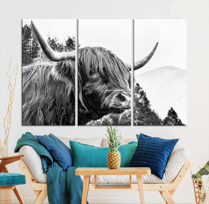 The Scottish Longhorn Wall Art Canvas Print features a highland cow with long horns and shaggy hair displayed on a museum-quality canvas. Equipped with a UV-protective coating for durability, it's ready to hang and enjoy for years to come.