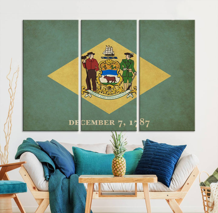 The Delaware States Flag Wall Art Canvas Print, featuring museum-quality material and a UV-protective coating, hangs elegantly, ready to be admired.