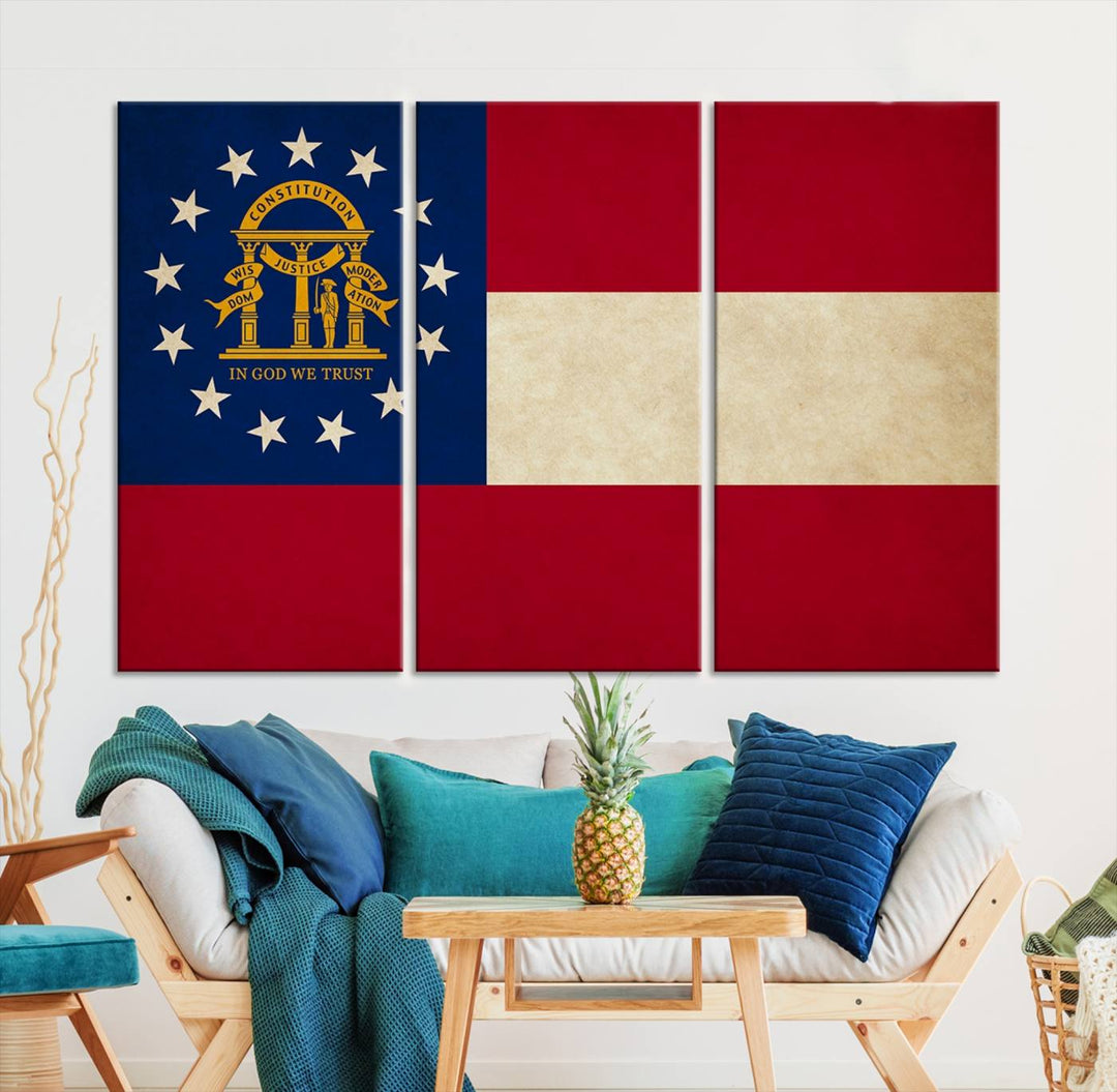 The Georgia States Flag Wall Art Canvas Print, coated with UV protection to preserve its vibrant colors, hangs on the wall.