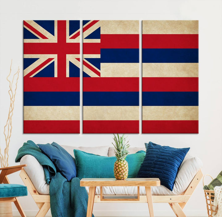 A stunning piece titled "Hawaii USA States Flag Wall Art Canvas Print" adorns the wall. This gallery-wrapped artwork is printed on museum-quality canvas and features a UV-protective coating, ensuring its vibrant colors remain timelessly beautiful.