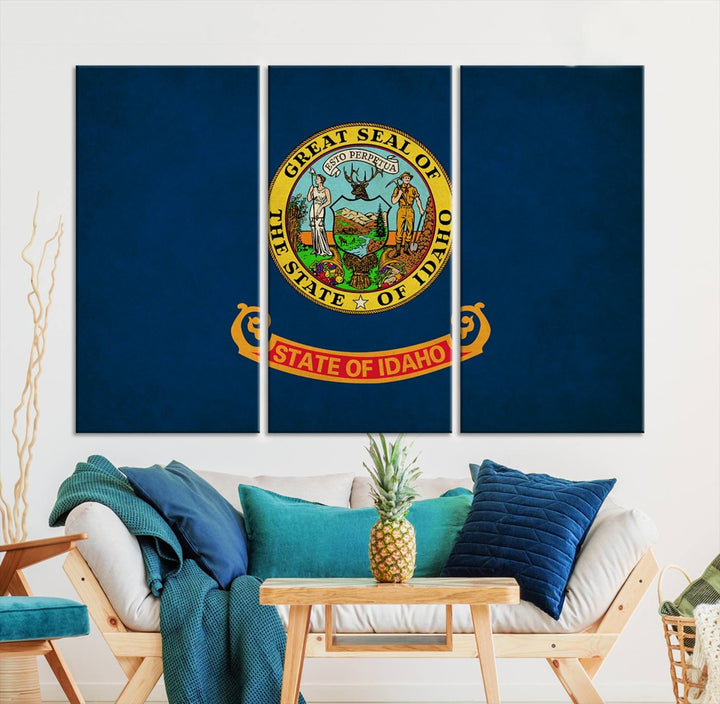 The Idaho USA States Flag Wall Art Canvas Print, featuring a UV-protective coating for lasting vibrancy, is ready to hang.