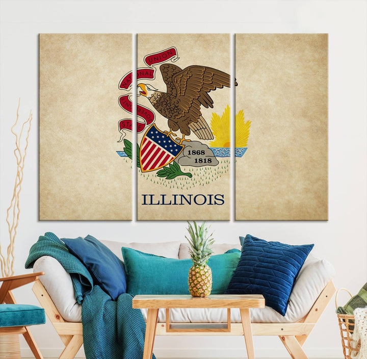 The Illinois State Flag Wall Art Canvas Print, crafted on museum-quality canvas with a UV-protective coating, is displayed prominently.