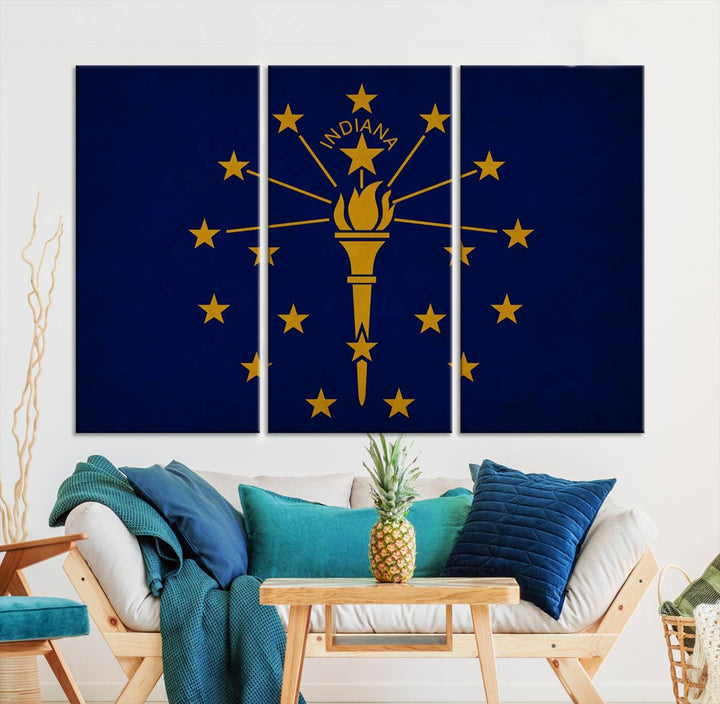 The Indiana States Flag Wall Art Canvas Print, featuring museum-quality canvas with a UV-protective coating, adorns the wall and brings an elegant and charming touch to your living space. Ready to hang, this piece becomes a standout feature in any room.