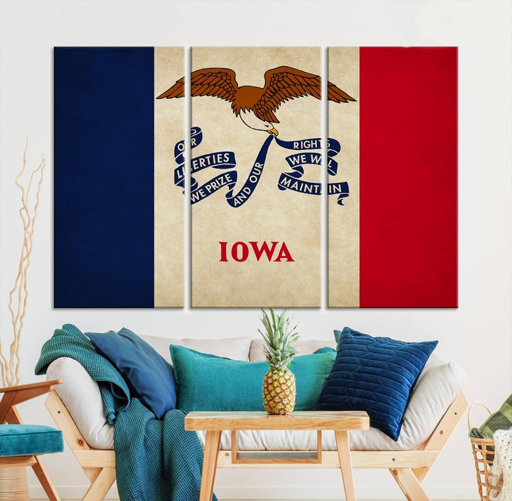 A beautiful Iowa States Flag Wall Art enhances the area, made on museum-quality canvas and boasting a gallery-wrapped design for enduring elegance.