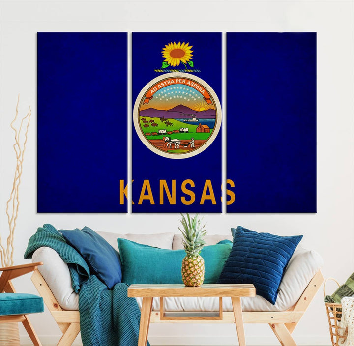 The "Kansas USA States Flag Wall Art Canvas Print" is prominently displayed.