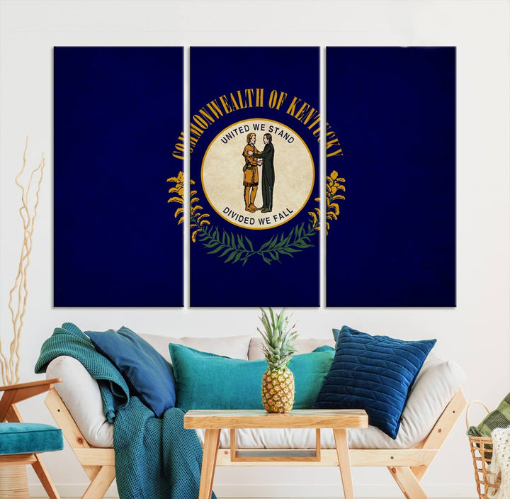 A museum-quality canvas of the Kentucky State Flag Wall Art graces the wall, featuring a UV-protective coating to maintain its vivid colors. Benefit from free shipping on this impressive home decor piece.